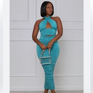 Teal Rouched Halter Top Skirt Set from Lilly’s Kloset